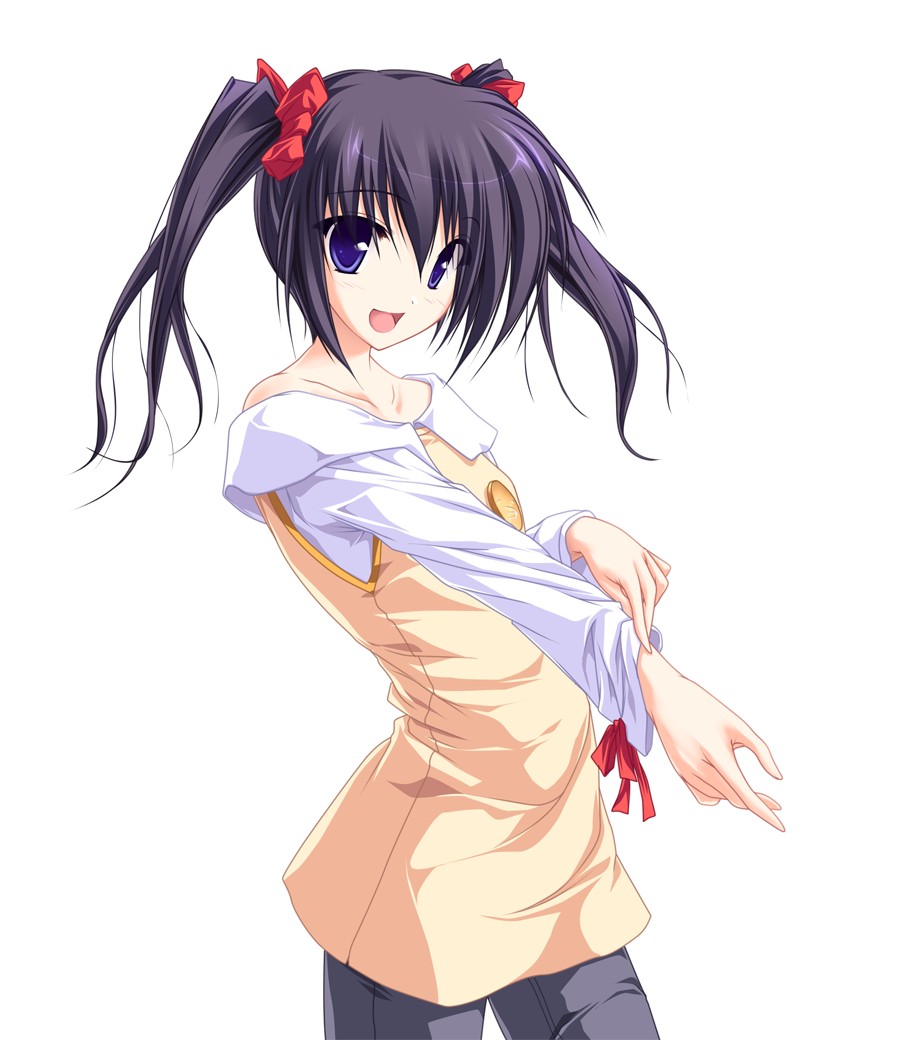 tenmaso, tokura tsubasa, akiiro renka, 1girl, :d, black hair, blue eyes, female focus, hair ornament, hair scrunchie, long hair, long sleeves, off shoulder, open mouth, pants, ribbon, school uniform, scrunchie, serafuku, smile, solo, twintails, white background