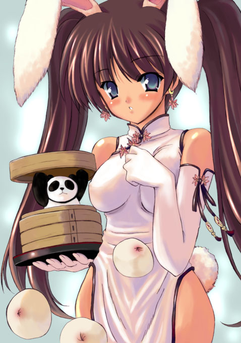 kyogoku shin, 1girl, animal ears, bamboo steamer, bare shoulders, blue eyes, blush, breasts, brown hair, china dress, chinese clothes, covered collarbone, covered erect nipples, dot nose, dress, earrings, elbow gloves, female focus, food, gloves, holding, jewelry, long hair, long twintails, looking at viewer, medium breasts, no pupils, parted lips, pelvic curtain, rabbit ears, rabbit girl, rabbit tail, shiny skin, sleeveless, solo, steamed bun, tail, tassel, twintails, two side up, waitress, white dress, white gloves