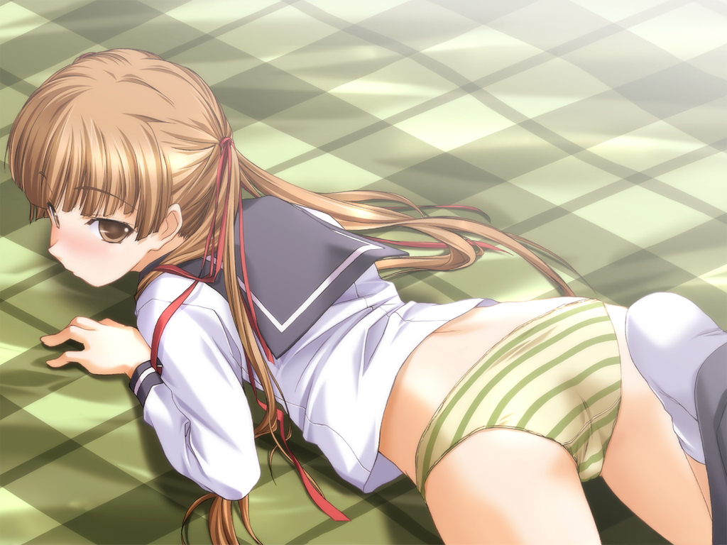 kawagishi keitarou, hizuki mitsuna, ringetsu, game cg, 1girl, ass, blush, bottomless, brown eyes, brown hair, female focus, green eyes, hair ribbon, leg lift, looking back, lying, no pants, on stomach, panties, ribbon, school uniform, serafuku, socks, solo, striped clothes, striped panties, underwear