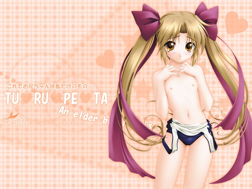 narumi suzune, souma miyu, tsurupeta (game), 1girl, clothes pull, female focus, loli, one-piece swimsuit, one-piece swimsuit pull, parted bangs, school swimsuit, solo, swimsuit, thighs, topless female, twintails