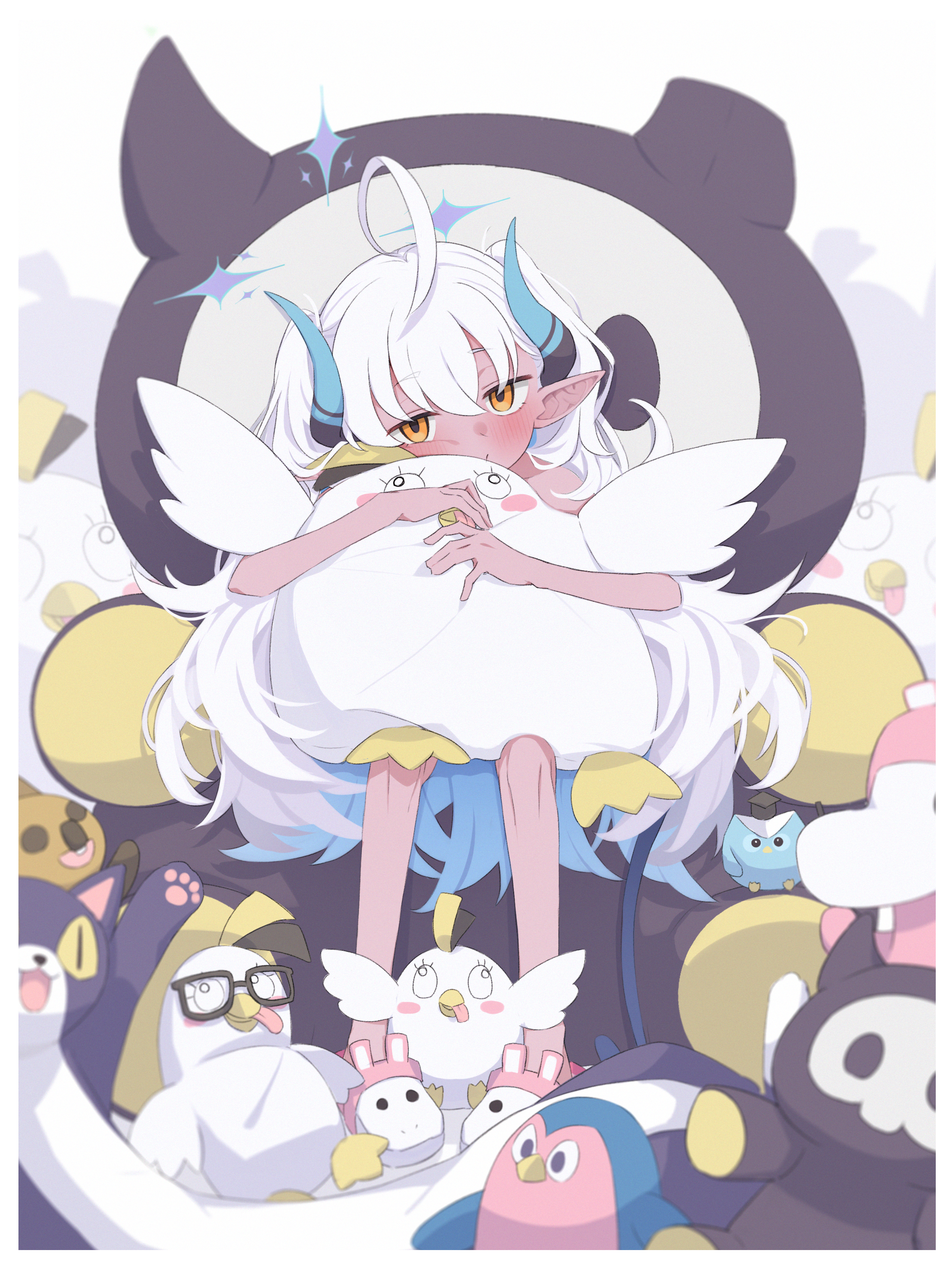 take mawile, big brother (blue archive), peroro (blue archive), pinky-paca (blue archive), sumomo (blue archive), wavecat (blue archive), blue archive, absurdres, commentary, highres, 1girl, ahoge, angry adelie (blue archive), blue hair, blue horns, blush, closed mouth, dark-skinned female, dark skin, halo, horns, hugging object, long hair, mr. nicholai (blue archive), orange eyes, pointy ears, purple halo, sitting, solo, star halo, stuffed animal, stuffed toy, two side up, very long hair, white hair
