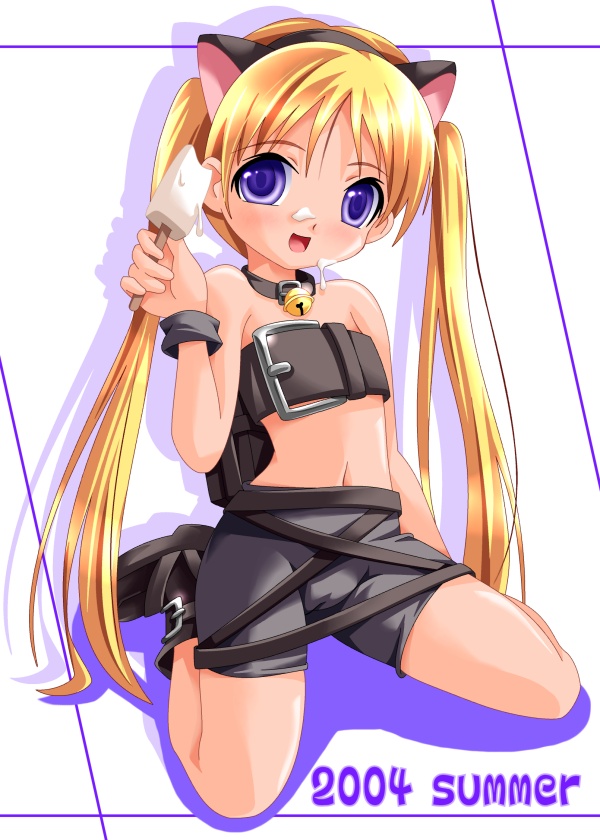 ktman, bitter & sweet, setarau tetora, watashi no oniichan, 00s, 1girl, 2004, animal ears, backpack, bag, bell, belt bra, bike shorts, blonde hair, blue eyes, buckle, cameltoe, cat ears, collar, fake animal ears, female focus, food, loli, long hair, neck bell, popsicle, randoseru, solo, twintails