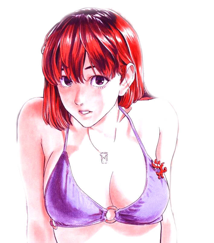 anezaki mamori, eyeshield 21, artist request, 00s, 1girl, badge, bikini, breasts, female focus, halterneck, jewelry, looking at viewer, necklace, o-ring, o-ring bikini, purple bikini, purple eyes, red eyes, red hair, simple background, solo, swimsuit, white background