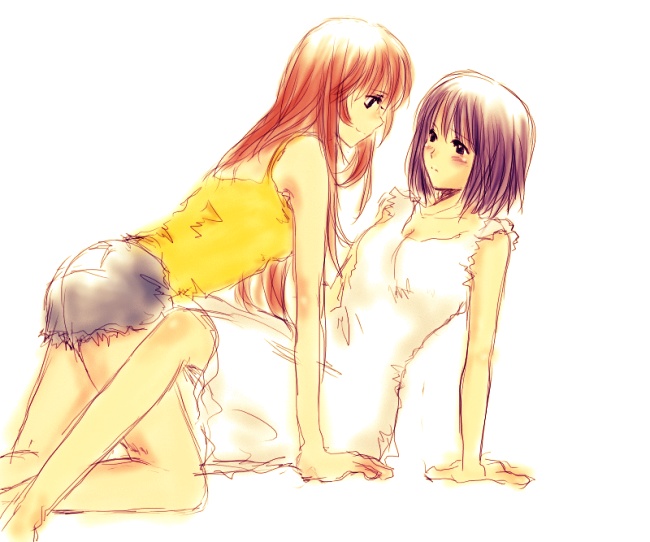 nijou noriko, toudou shimako, maria-sama ga miteru, 00s, 2girls, all fours, arm support, bad anatomy, bad hands, between legs, blush, breasts, camisole, casual, denim, denim shorts, dress, eye contact, long hair, looking at another, medium breasts, multiple girls, poorly drawn, profile, reclining, red hair, short hair, short shorts, shorts, simple background, sketch, very long hair, yuri