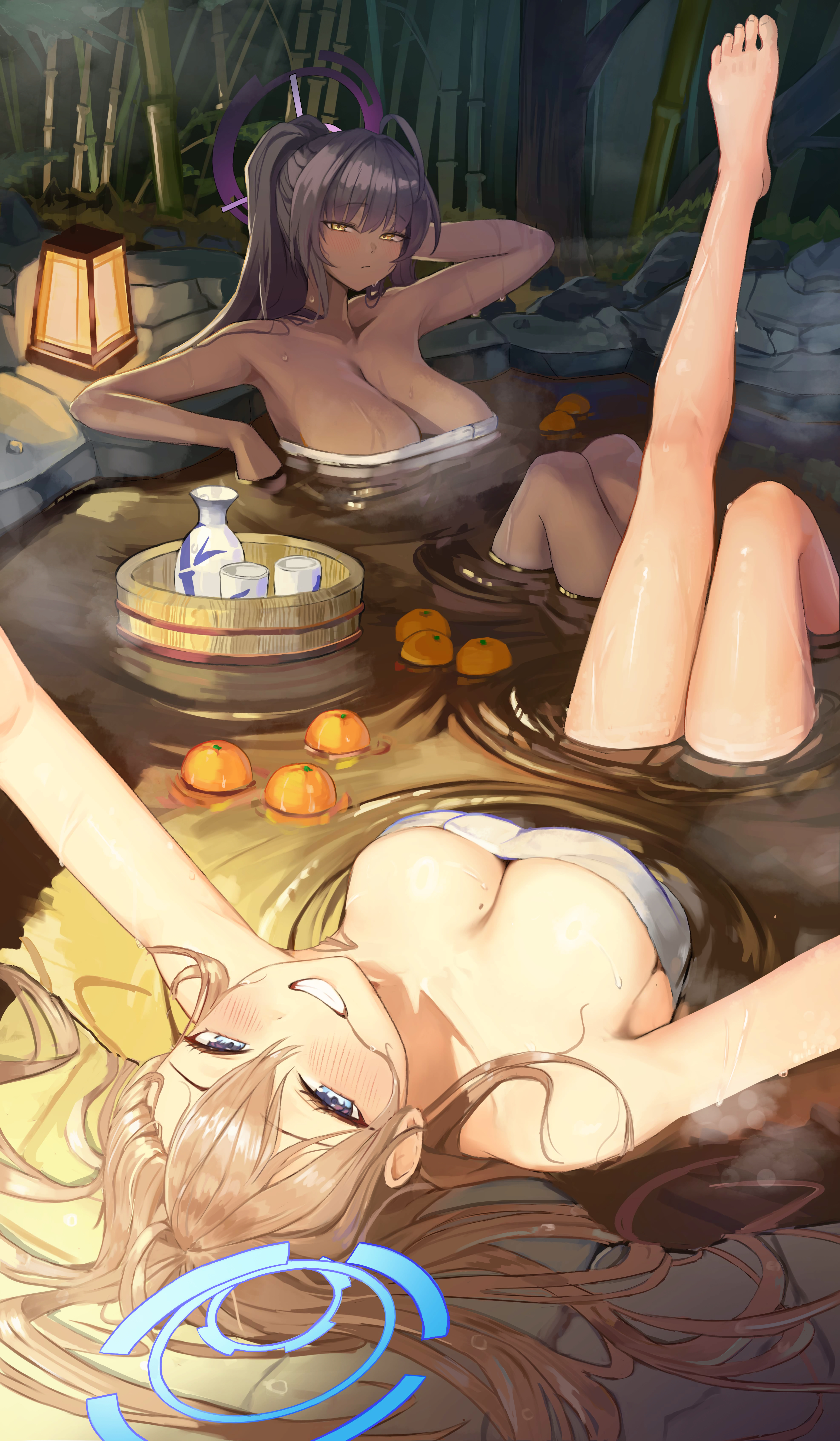 pongdo, asuna (blue archive), karin (blue archive), blue archive, absurdres, highres, 2girls, arm up, bamboo, bamboo forest, black hair, blue hair, breasts, brown hair, cleavage, clenched teeth, closed mouth, dark-skinned female, dark skin, forest, grin, hair between eyes, halo, large breasts, leg up, looking at viewer, mole, mole on breast, multiple girls, nature, outdoors, ponytail, smile, teeth, wet, wet hair, yellow eyes