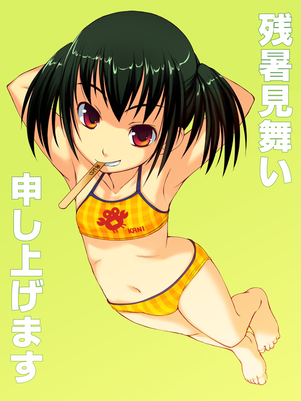 bosshi, yu (bosshi), original, armpits, arms up, barefoot, bikini, clothes writing, feet, flat chest, food, full body, green background, green hair, loli, plaid bikini, plaid clothes, popsicle, red eyes, simple background, solo, swimsuit, tankini, toes, twintails, yellow bikini, zanshomimai