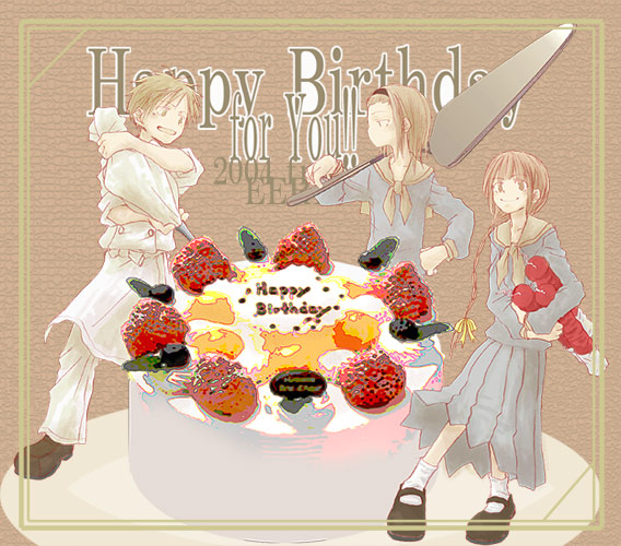 hasekura rei, shimazu yoshino, torii eriko, maria-sama ga miteru, 00s, birthday, cake, food, holding, holding pastry bag, pastry, pastry bag, pleated skirt, school uniform, serafuku, skirt