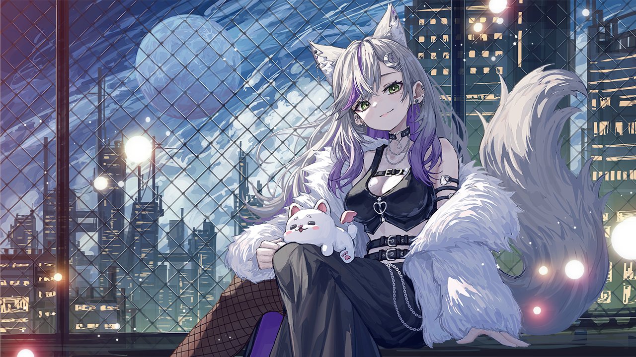 endroll00, original, commission, skeb commission, 1girl, animal ears, belt, black belt, black pantyhose, black skirt, breasts, cleavage, closed mouth, crescent, crescent hair ornament, crop top, fishnet pantyhose, fishnets, full moon, gradient hair, green eyes, grey hair, hair ornament, heart, heart o-ring, long hair, looking at viewer, medium breasts, moon, multicolored hair, o-ring, off shoulder, outdoors, pantyhose, purple hair, sitting, skirt, solo, streaked hair, tail, wolf ears, wolf tail