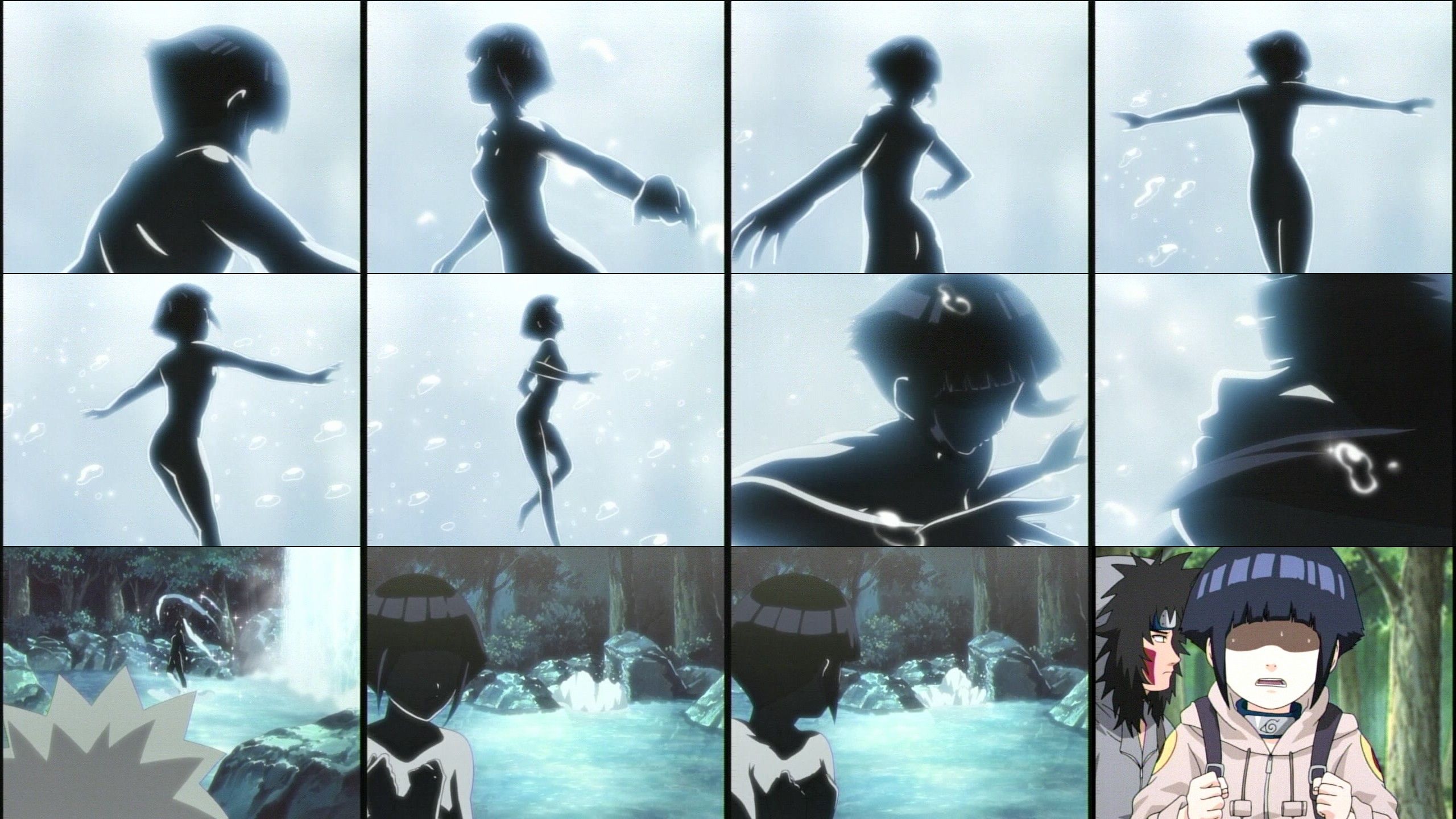 hyuuga hinata, inuzuka kiba, uzumaki naruto, naruto (classic), naruto (series), anime screenshot, highres, 1girl, 2boys, bathing, multiple boys, nude, peeking, voyeurism