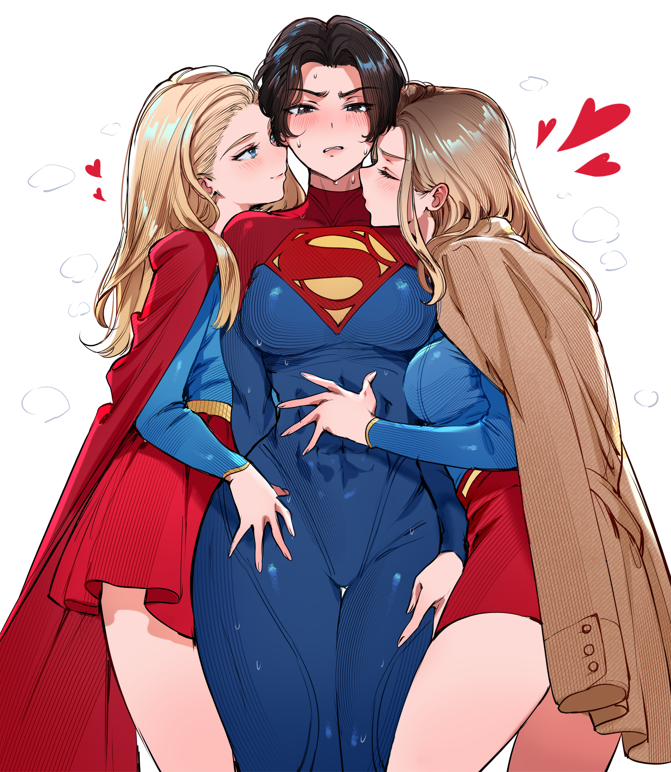 qiandaiyiyu, supergirl, dc comics, dc extended universe, dc universe (franchise), superman (2025), superman (series), the flash (movie), absurdres, highres, 3girls, black hair, blonde hair, blue bodysuit, blue eyes, blush, bodysuit, breasts, brown coat, brown hair, cape, closed eyes, coat, girl sandwich, heart, kiss, kissing neck, large breasts, long hair, long sleeves, looking at viewer, medium breasts, miniskirt, multiple girls, multiple persona, navel, no legwear, red cape, sandwiched, selfcest, short hair, skirt, smile, steam, supergirl (2015), superhero costume, superman logo, sweat, sweatdrop, wavy mouth, white background, yuri