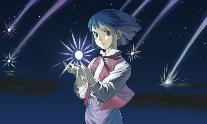sakaki kuuya, howl, howl no ugoku shiro, studio ghibli, 00s, 1boy, aged down, belt, blue eyes, blue hair, male focus, matching hair/eyes, night, night sky, shooting star, sky, solo, star (symbol)