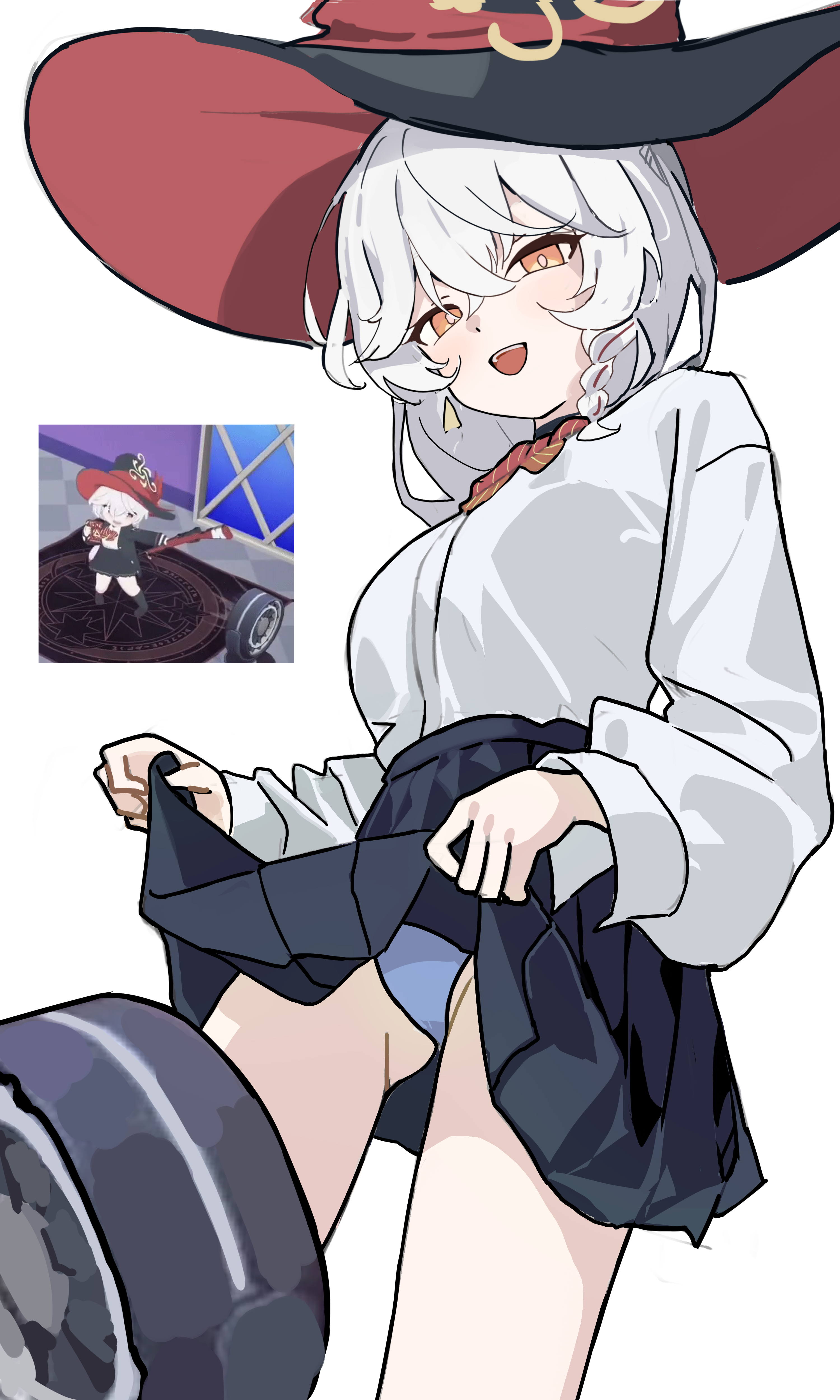 aid!, eri (blue archive), blue archive, absurdres, highres, 1girl, black skirt, clothes lift, hat, lifting own clothes, panties, shirt, skirt, skirt lift, solo, underwear, white shirt, witch hat