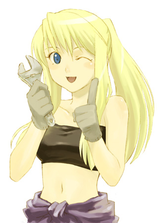 sakaki kuuya, winry rockbell, fullmetal alchemist, lowres, 00s, 1girl, bandeau, black tube top, blonde hair, blue eyes, female focus, gloves, mechanic, midriff, navel, one eye closed, ponytail, simple background, solo, strapless, tomboy, tube top, white background, wink, wrench