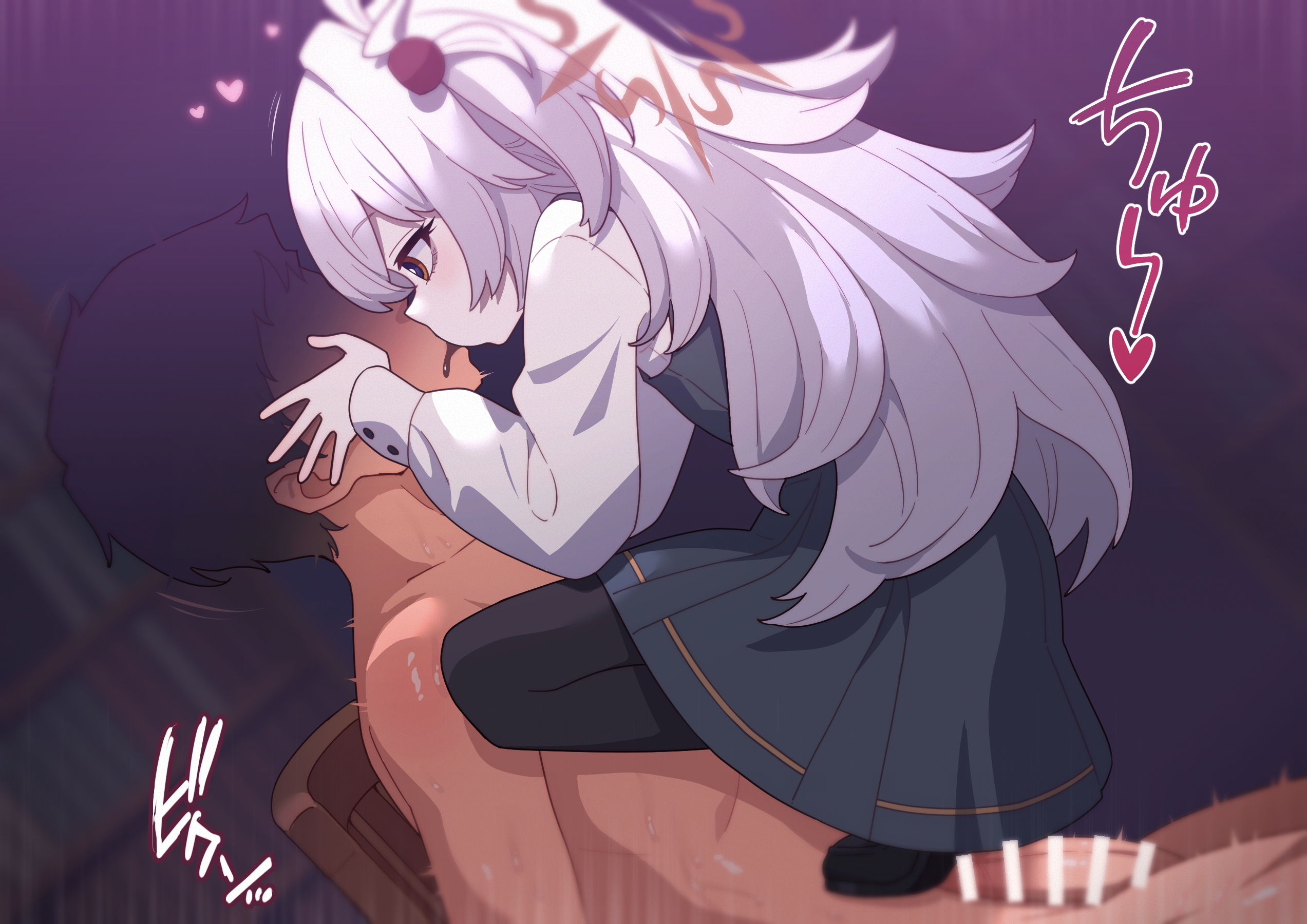 robo mikan, kanoe (blue archive), blue archive, highres, 1boy, 1girl, bar censor, censored, clothed female nude male, dress, halo, hetero, long hair, nude, pantyhose, penis