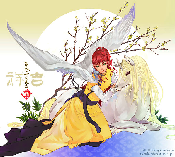 sakaki kuuya, keiki (juuni kokuki), nakajima youko, juuni kokuki, 1girl, bird, blonde hair, chinese clothes, female focus, flower, long hair, long sleeves, ponytail, red hair, solo, tree, watermark, web address, wings