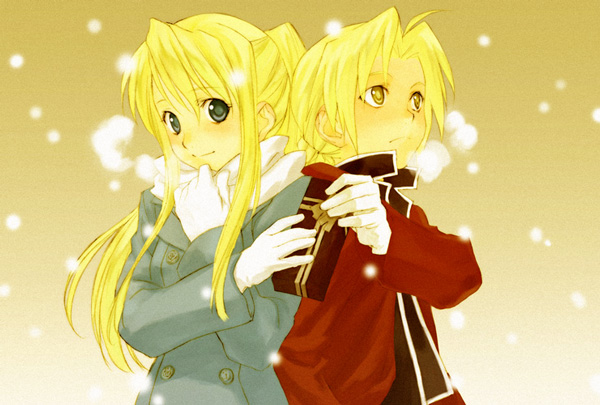 sakaki kuuya, edward elric, winry rockbell, fullmetal alchemist, 00s, 1boy, 1girl, blonde hair, blush, breath, coat, couple, gift, gloves, hetero, holding, holding gift, ponytail, scarf, snow, snowing, yellow eyes