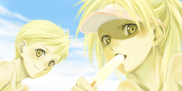sakaki kuuya, alphonse elric, edward elric, fullmetal alchemist, 00s, 2boys, blonde hair, brothers, food, male focus, multiple boys, popsicle, siblings, yellow eyes