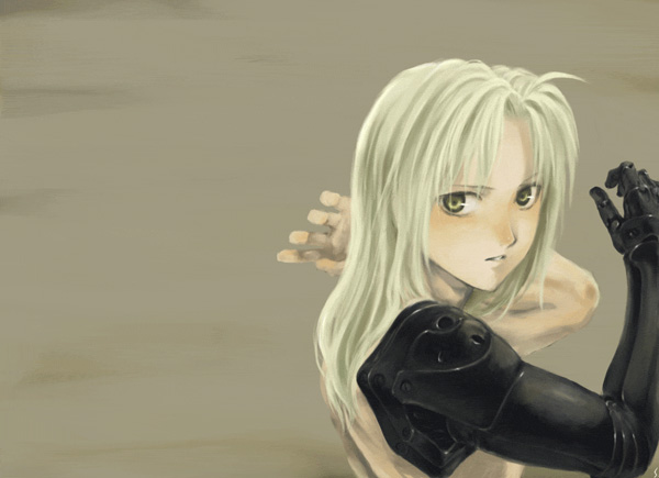 sakaki kuuya, edward elric, fullmetal alchemist, 00s, 1boy, androgynous, blonde hair, hair down, long hair, male focus, mechanical arms, prosthesis, single mechanical arm, solo, yellow eyes