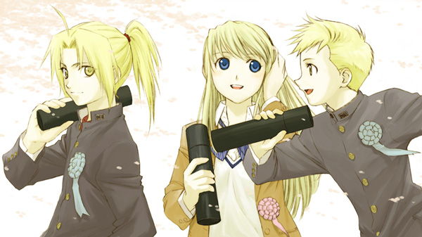 sakaki kuuya, alphonse elric, edward elric, winry rockbell, fullmetal alchemist, 00s, 1girl, 2boys, blonde hair, blue eyes, diploma, graduation, holding, holding diploma, long hair, multiple boys, ponytail, yellow eyes