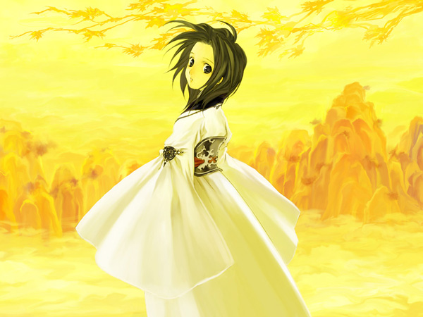 sakaki kuuya, juuni kokuki, 1girl, androgynous, black eyes, black hair, chinese clothes, female focus, hanfu, outdoors, solo, yellow background, yellow theme