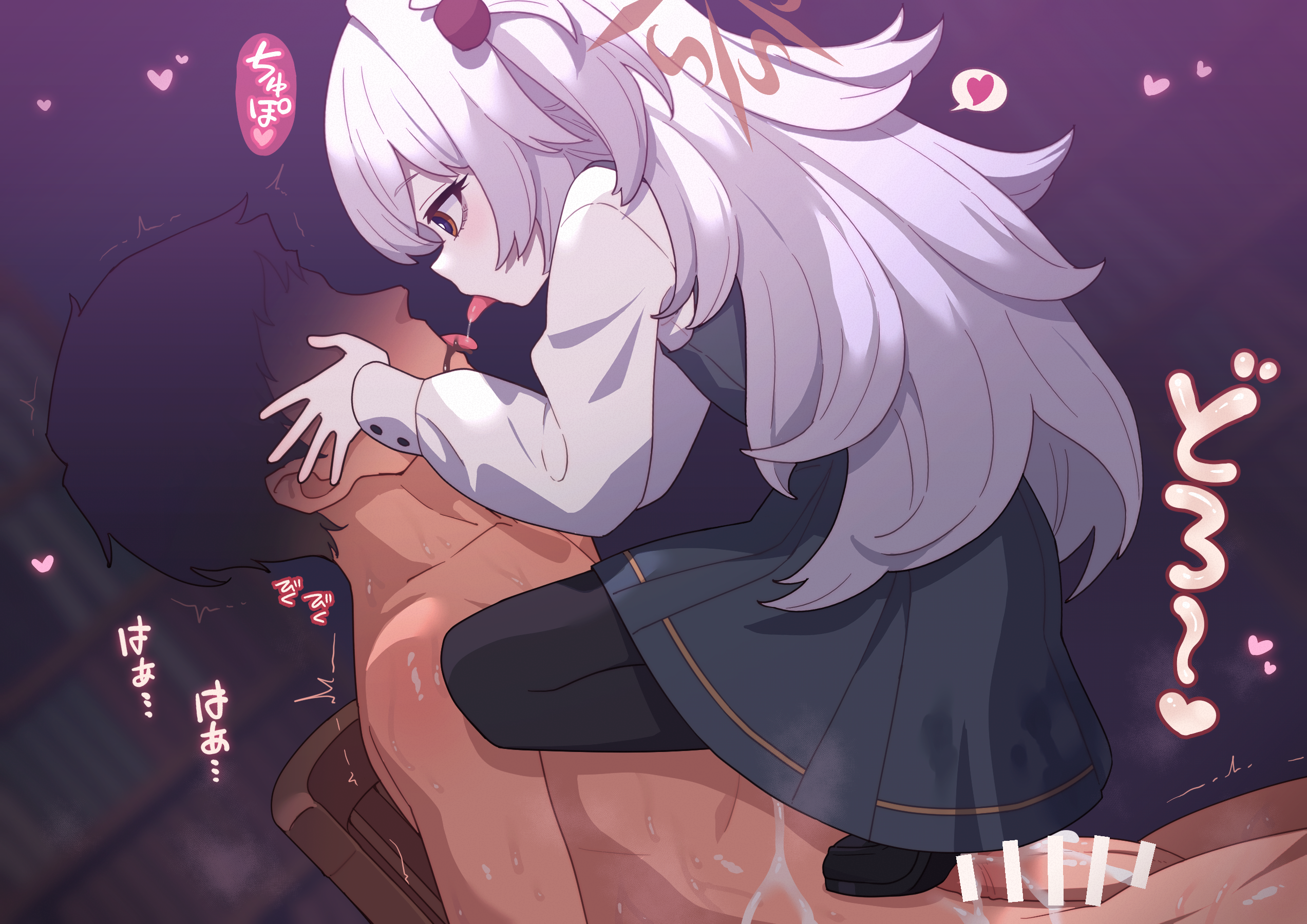 robo mikan, kanoe (blue archive), blue archive, highres, 1boy, 1girl, bar censor, censored, clothed female nude male, cum, dress, hetero, long hair, nude, pantyhose, penis, tongue, tongue out