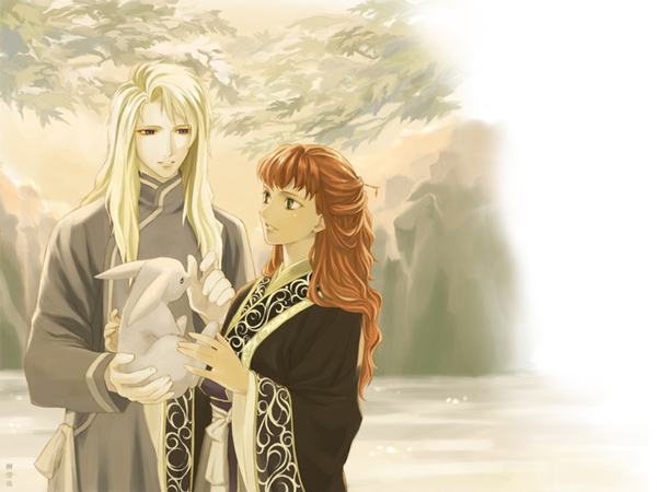 sakaki kuuya, keiki (juuni kokuki), nakajima youko, juuni kokuki, blonde hair, changpao, chinese clothes, green eyes, half updo, hanfu, japanese clothes, kimono, long hair, orange hair, rabbit, red hair