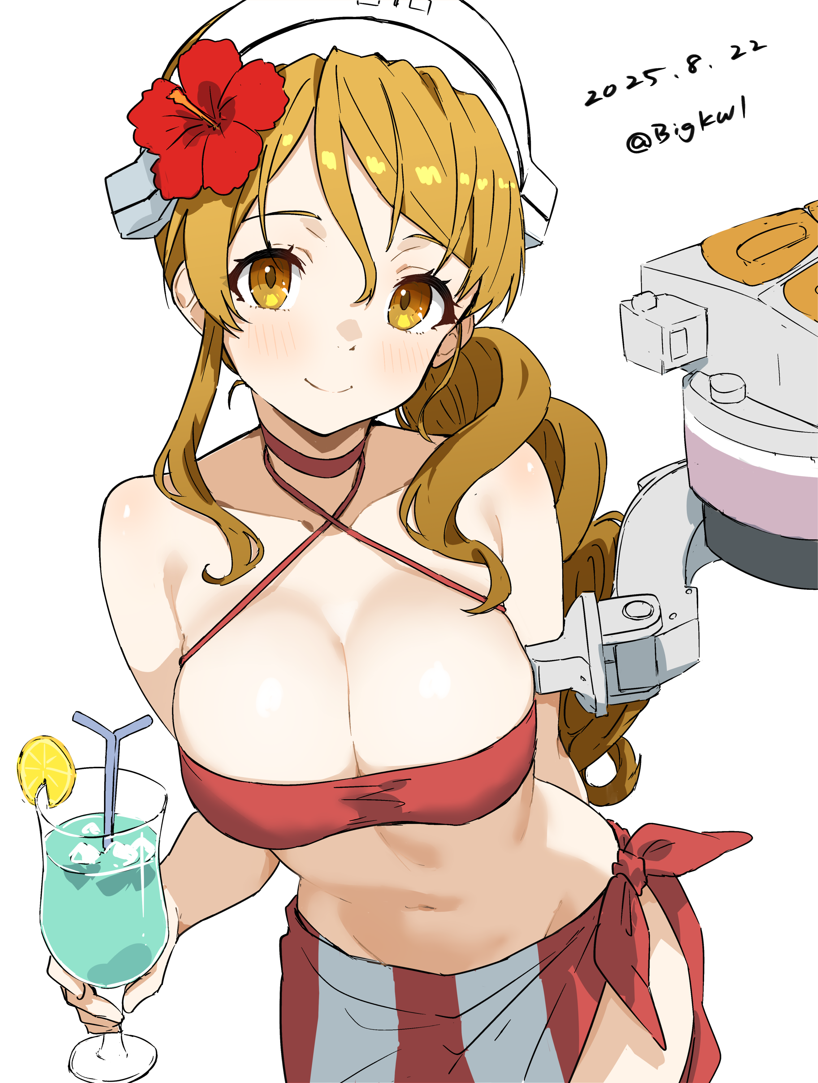 bigkwl, littorio (kancolle), littorio (swimsuit) (kancolle), kantai collection, absurdres, commentary request, highres, 1girl, bikini, breasts, brown eyes, brown hair, cleavage, closed mouth, cup, dated commentary, holding, holding cup, large breasts, looking at viewer, navel, red bikini, simple background, smile, solo, swimsuit, white background