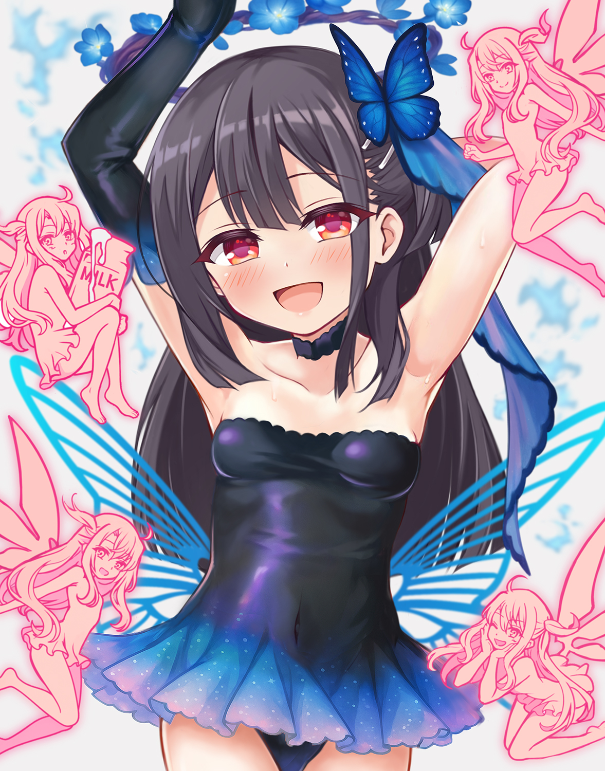 mochi (k620803n), illyasviel von einzbern, miyu edelfelt, miyu edelfelt (swimsuit lancer) (third ascension), fate/grand order, fate (series), highres, 5girls, armpits, arms up, asymmetrical gloves, bare shoulders, black gloves, black hair, black leotard, blush, breasts, butterfly hair ornament, choker, fairy, flower, gloves, hair ornament, hair ribbon, hairclip, halo, leotard, long hair, looking at viewer, multiple girls, open mouth, red eyes, ribbon, sidelocks, small breasts, smile