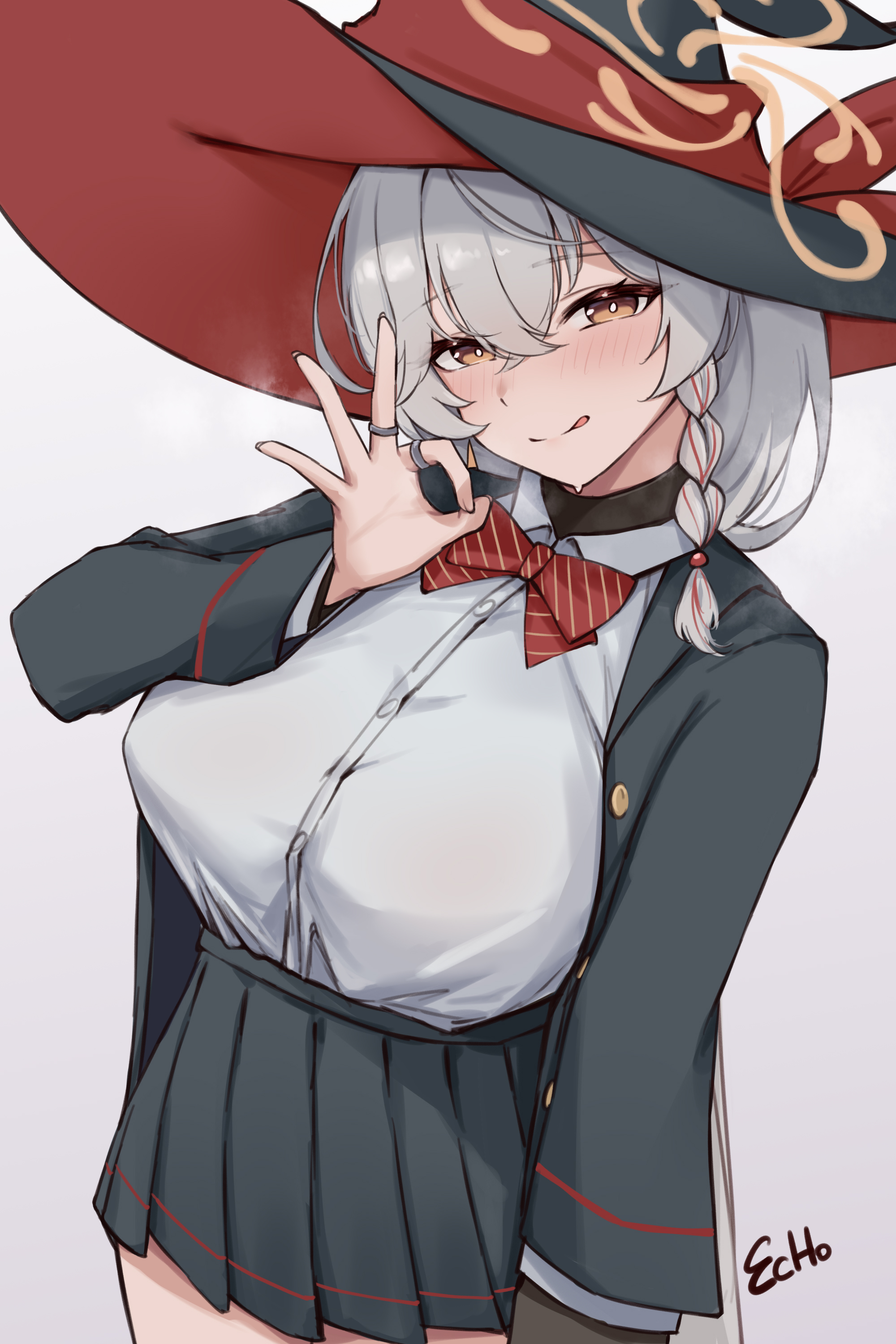 e.c.ho, eri (blue archive), blue archive, absurdres, commentary request, highres, 1girl, :q, artist name, black jacket, black skirt, blush, bow, bowtie, braid, breasts, crossed bangs, fellatio gesture, hair between eyes, halo, hat, jacket, jewelry, large breasts, looking at viewer, multicolored hair, multiple rings, open clothes, open jacket, orange halo, pleated skirt, red bow, red bowtie, red streaks, ring, shirt, side braid, skirt, solo, standing, steaming body, streaked hair, striped bow, striped bowtie, striped clothes, sweat, tongue, tongue out, white hair, white shirt, witch hat, yellow eyes