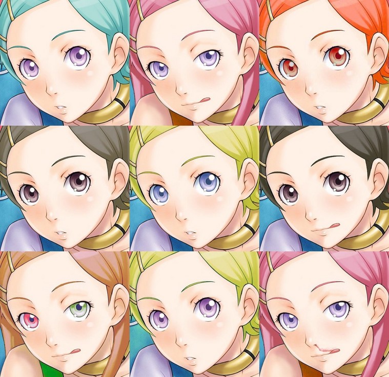 ha-ru, anemone (eureka seven), eureka (eureka seven), eureka seven, eureka seven (series), rozen maiden, warhol, 2girls, alternate color, blood, collage, collar, fine art parody, hair ornament, hairclip, multiple girls, nosebleed, parody, tongue