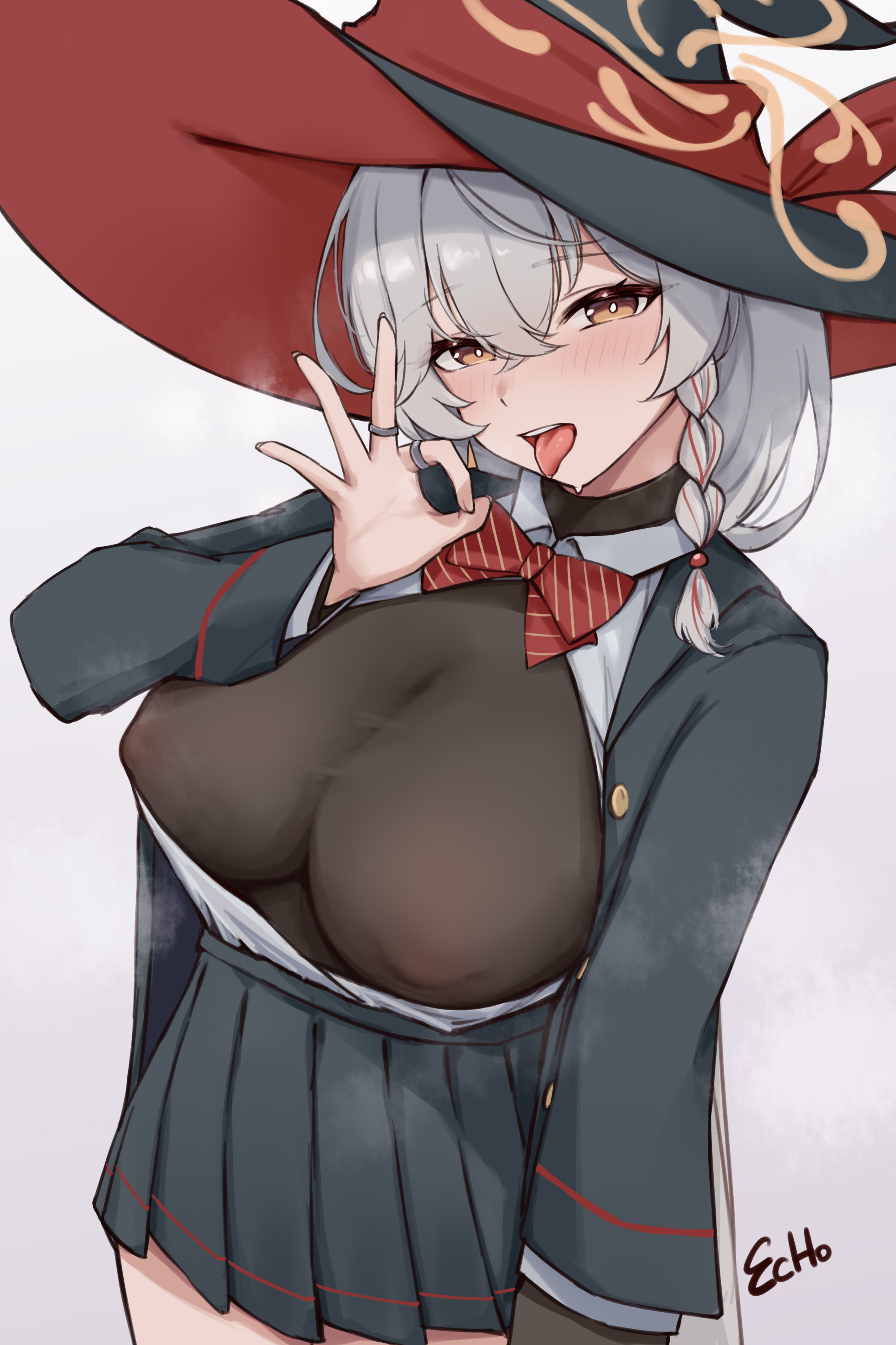 e.c.ho, eri (blue archive), blue archive, absurdres, commentary request, highres, 1girl, artist name, black jacket, black shirt, black skirt, blush, bow, bowtie, braid, breasts, covered erect nipples, crossed bangs, fellatio gesture, hair between eyes, halo, hat, jacket, jewelry, large breasts, looking at viewer, multicolored hair, multiple rings, open clothes, open jacket, orange halo, pleated skirt, red bow, red bowtie, red streaks, ring, shirt, side braid, skirt, solo, standing, steaming body, streaked hair, striped bow, striped bowtie, striped clothes, teeth, tongue, tongue out, upper teeth only, white hair, white shirt, witch hat, yellow eyes