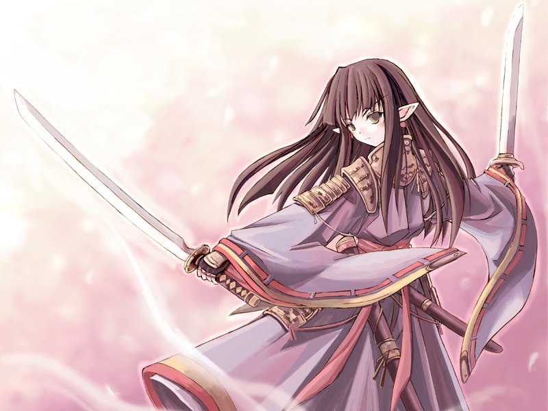 kotonemaru, 1girl, armor, armored dress, black hair, brown hair, dress, dual wielding, elf, fantasy, female focus, green eyes, holding, japanese clothes, katana, long hair, pointy ears, samurai, scabbard, sheath, solo, split mouth, sword, weapon