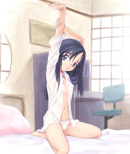 bed, kneeling, lingerie, loli, open clothes, open shirt, panties, parted bangs, shirt, solo, stretching, underwear