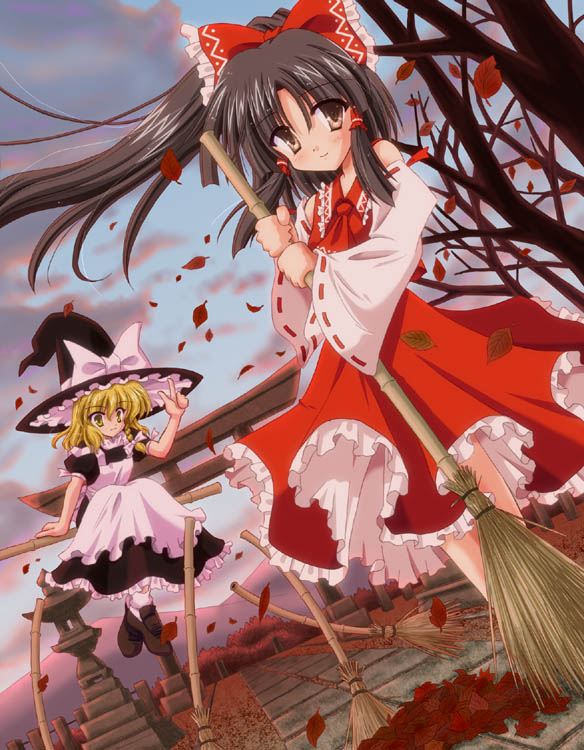 hakurei reimu, kirisame marisa, touhou, white legwear, 2girls, apron, arm support, ascot, autumn, bamboo broom, bare shoulders, black dress, black hair, blonde hair, bow, broom, broom riding, cloud, day, detached sleeves, dress, dutch angle, female focus, flying, frilled dress, frills, hair bow, hair tubes, hakurei shrine, half updo, hat, large bow, leaf, loafers, looking at viewer, mountain, multiple girls, outdoors, patch, red dress, shoes, sidelocks, sidesaddle, sky, smile, statue, stone lantern, sweeping, torii, tree, v, wide sleeves, wind, witch hat, yellow eyes