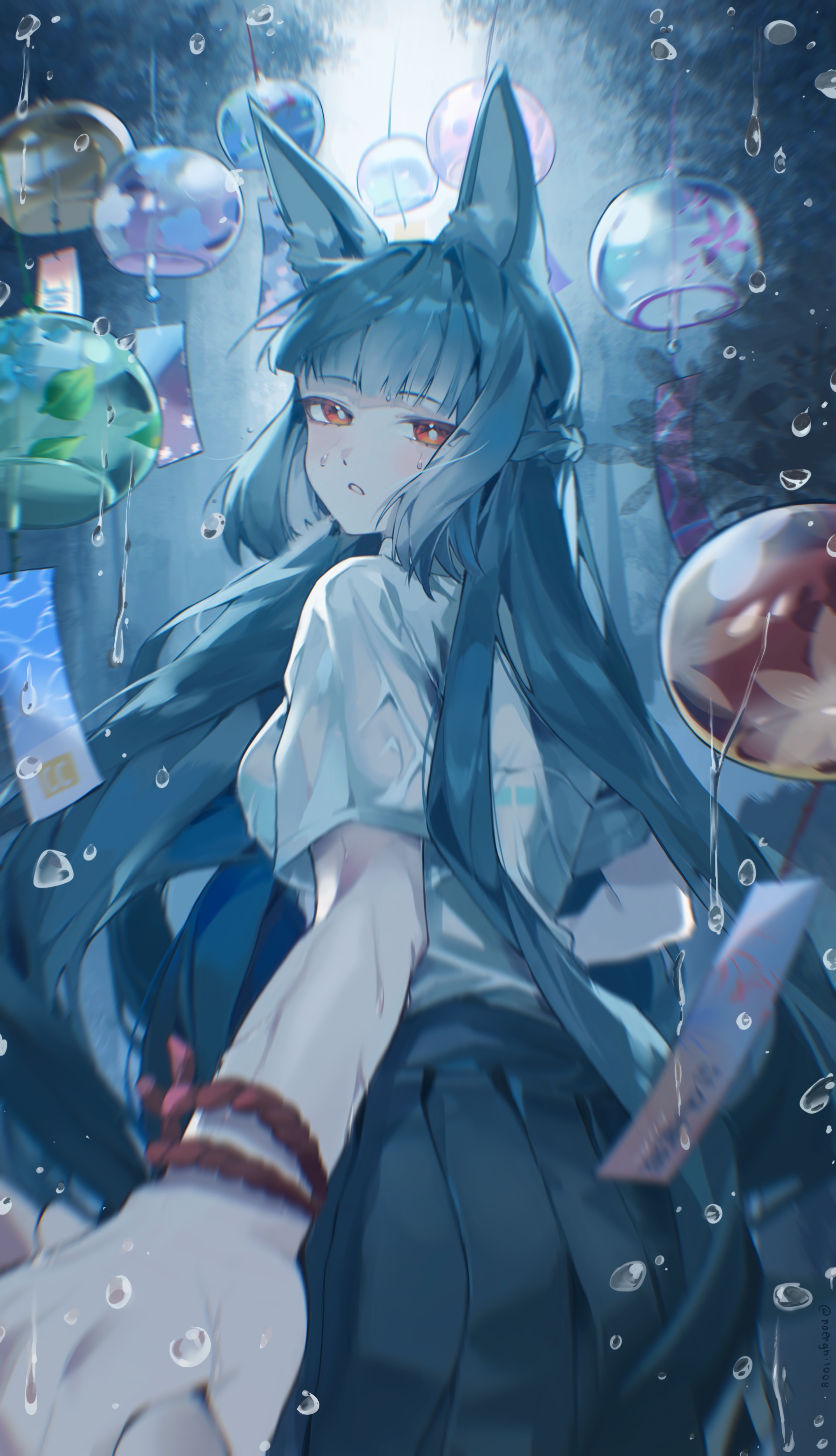naengbi1008, hoshimi miyabi, zenless zone zero, absurdres, highres, 1girl, alternate costume, black hair, black skirt, blunt bangs, long hair, looking at viewer, looking back, parted lips, pov, rain, reaching, reaching towards viewer, red eyes, shirt, skirt, solo, wet, wet clothes, wet shirt, white shirt, wind chime
