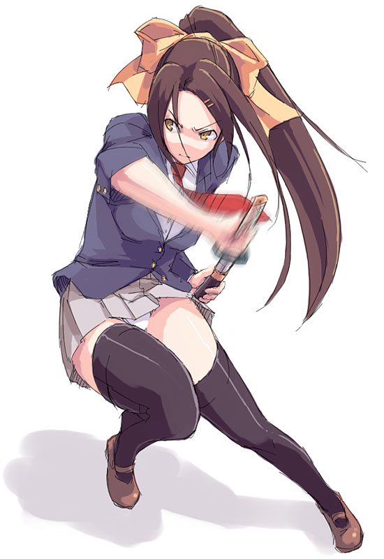 kyo (kuroichigo), copyright request, 1girl, black thighhighs, blazer, blue jacket, bow, breasts, brown hair, closed mouth, drawing sword, dress shirt, female focus, fighting stance, full body, grey skirt, hair bow, hair ornament, hair ribbon, hairclip, holding, holding sheath, holding sword, holding weapon, iaidou, jacket, katana, long hair, long sleeves, looking to the side, mary janes, medium breasts, miniskirt, motion blur, necktie, panties, pantyshot, pleated skirt, ponytail, ready to draw, red necktie, ribbon, scabbard, school uniform, serious, shadow, sheath, shirt, shoes, simple background, skirt, sleeves pushed up, solo, standing, sword, thighhighs, underwear, unsheathing, v-shaped eyebrows, vest, weapon, white background, white panties, yellow bow, yellow eyes, yellow ribbon, zettai ryouiki