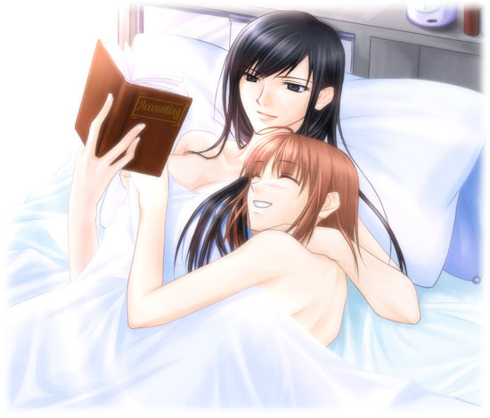 fervent idiot, fukuzawa yumi, ogasawara sachiko, maria-sama ga miteru, hand on neck, 00s, 2girls, alarm clock, back, bare back, bare shoulders, bed, bed sheet, black eyes, black hair, book, breasts, brown hair, cleavage, clenched teeth, clock, closed eyes, couple, covering privates, english text, female focus, grabbing another's breast, groping, hair down, hand on another's neck, happy, hug, long hair, lying, multiple girls, nude, on back, on side, open book, pillow, short hair, smile, sunlight, teeth, under covers, yuri