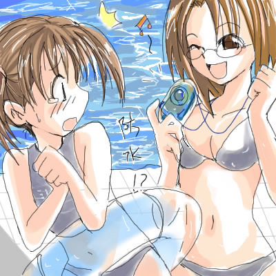 fukuzawa yumi, takeshima tsutako, maria-sama ga miteru, lowres, 00s, bikini, camera, day, glasses, grey bikini, innertube, pool, swim ring, swimsuit