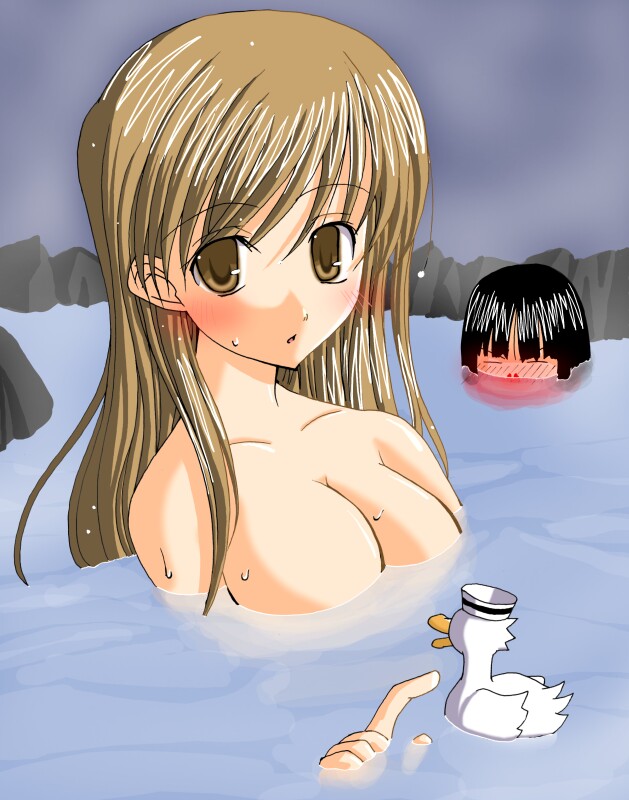 nijou noriko, toudou shimako, maria-sama ga miteru, 00s, 2girls, black hair, blonde hair, blood, blush, bob cut, breasts, embarrassed, large breasts, long hair, looking at viewer, multiple girls, nosebleed, onsen, partially submerged, rubber duck, short hair, very long hair