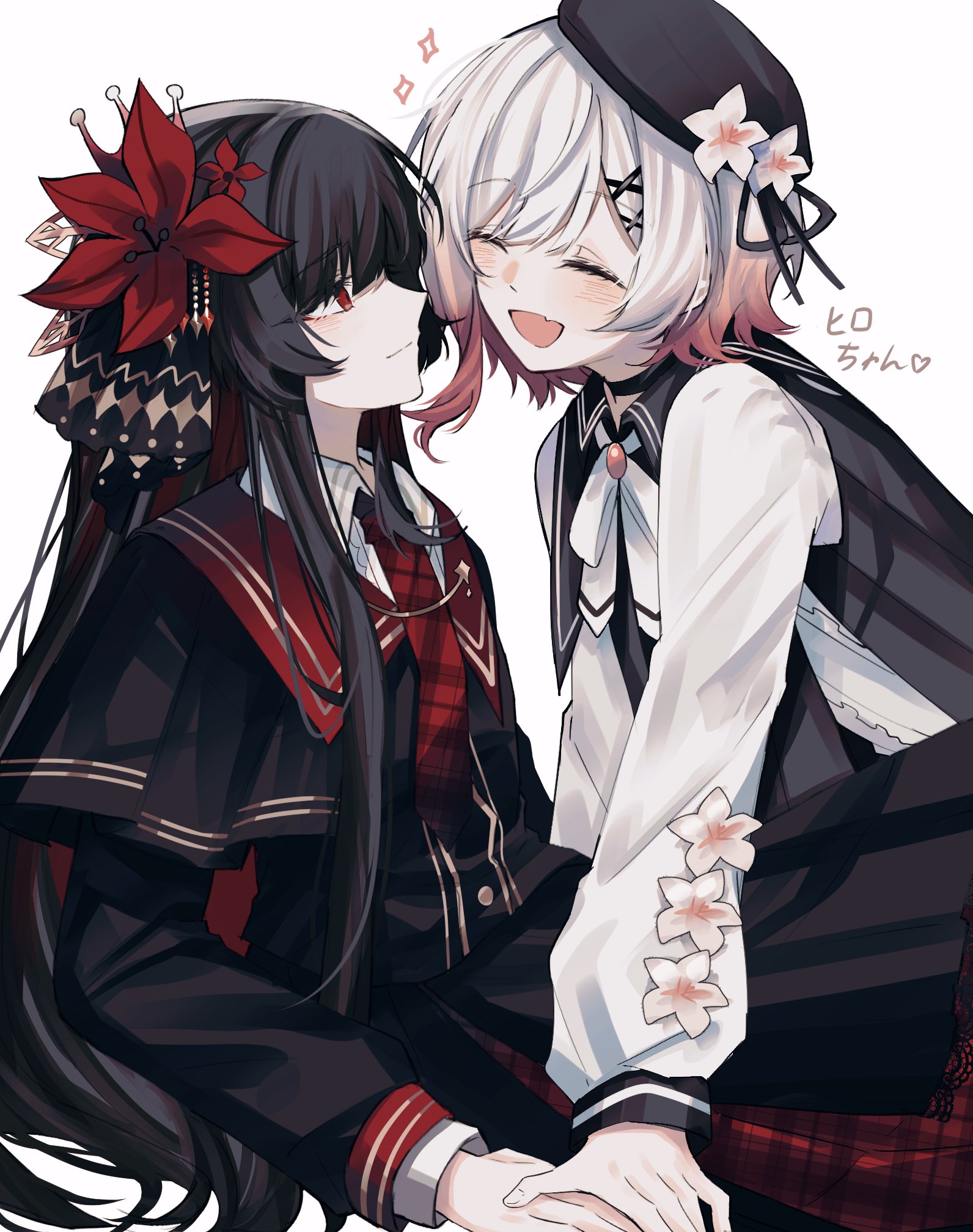 ritzchrono, nikaidou hiro, sakuraba ema, mahou shoujo no majo saiban, commentary, highres, translated, 2girls, beret, black dress, black hair, black hat, closed eyes, dress, fang, flower, gradient hair, hat, hat flower, holding hands, long hair, looking at another, magical girl, multicolored hair, multiple girls, necktie, open mouth, pink hair, red eyes, red flower, red necktie, ribbon, shirt, short hair, simple background, skin fang, smile, sparkle, very long hair, white background, white flower, white ribbon, white shirt, yuri
