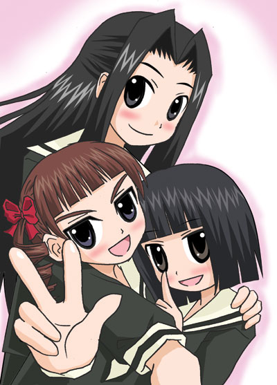 hosokawa kanako, matsudaira touko, nijou noriko, maria-sama ga miteru, 00s, 3girls, black hair, blush, brown eyes, brown hair, hug, long hair, multiple girls, school uniform, short hair, simple background, smile, v