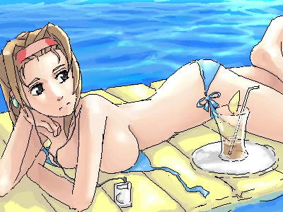 torii eriko, maria-sama ga miteru, lowres, 00s, bikini, day, oekaki, side-tie bikini bottom, solo, swimsuit, untied bikini