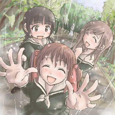 rackane, fukuzawa yumi, shimazu yoshino, toudou shimako, maria-sama ga miteru, lowres, 00s, 3girls, closed eyes, day, happy, long sleeves, multiple girls, oekaki, outdoors, rain, wet