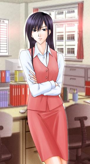 ogasawara sachiko, maria-sama ga miteru, 00s, 1girl, black eyes, black hair, cabinet, chair, crossed arms, dress shirt, female focus, file cabinet, indoors, leaning back, long hair, looking at viewer, office chair, office lady, pantyhose, pencil skirt, shirt, skirt, solo, standing, swivel chair, vest, white shirt