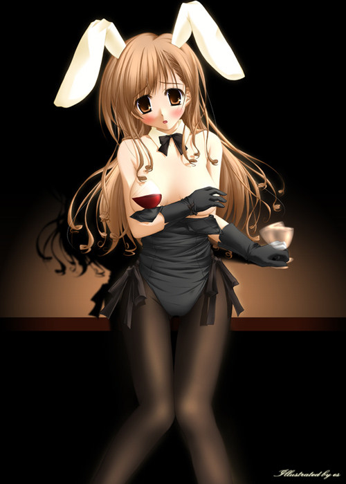 es (glasscastle), toudou shimako, maria-sama ga miteru, 00s, 1girl, animal ears, black pantyhose, blush, breasts, brown eyes, brown hair, detached collar, fake animal ears, female focus, leotard, long hair, pantyhose, playboy bunny, rabbit ears, solo