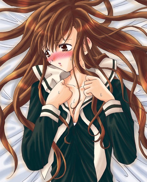 toudou shimako, maria-sama ga miteru, 00s, 1girl, blush, breasts, brown eyes, brown hair, cleavage, female focus, long hair, lying, neckerchief, on back, on bed, shy, small breasts, solo, sweat, undone neckerchief