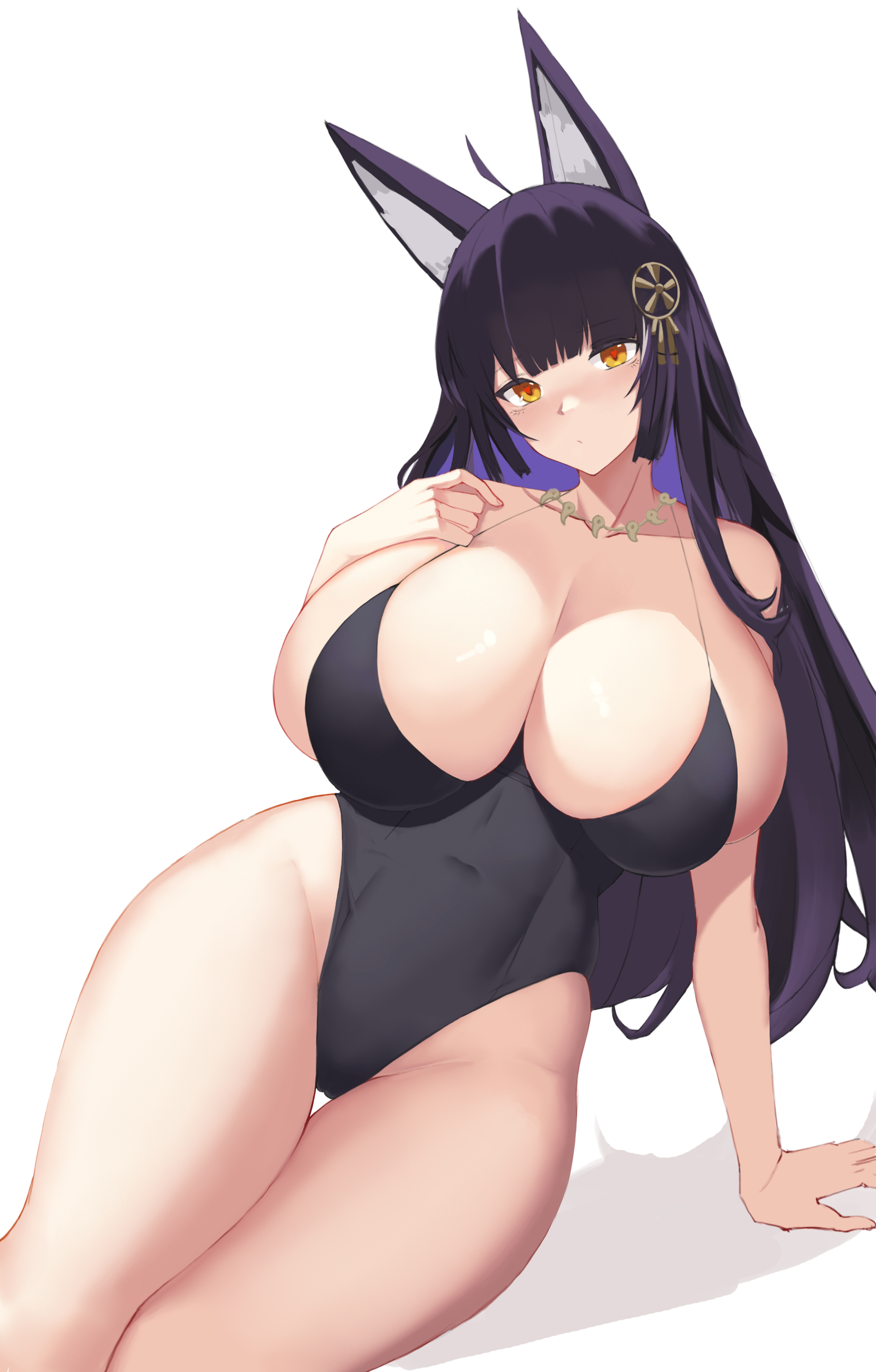 musashi (azur lane), azur lane, absurdres, commentary, highres, symbol-only commentary, 1girl, ahoge, alternate costume, animal ears, arm support, bare shoulders, black one-piece swimsuit, breasts, cleavage, collarbone, hand on own chest, huge breasts, impossible clothes, impossible swimsuit, leaning to the side, long hair, looking at viewer, one-piece swimsuit, oral, purple hair, qixing, simple background, skindentation, solo, swimsuit, white background