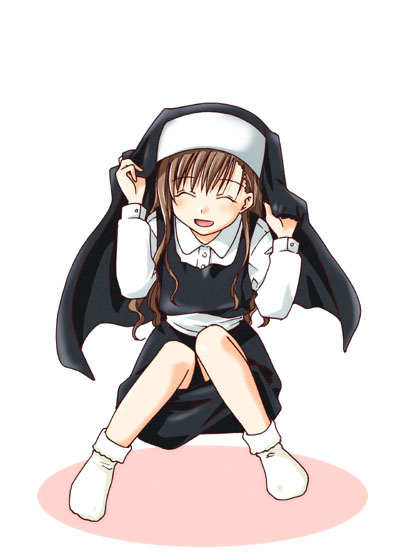 toudou shimako, maria-sama ga miteru, 00s, 1girl, black dress, blush, brown hair, closed eyes, dress, female focus, long hair, nun, open mouth, simple background, sitting, skirt, smile, socks, solo, white background, white skirt