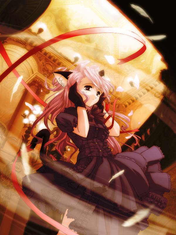 sasayuki, light, animal ear fluff, animal ears, brown eyes, cat ears, cat tail, church, dress, feathers, gloves, pink hair, purple dress, ribbon, solo, tail