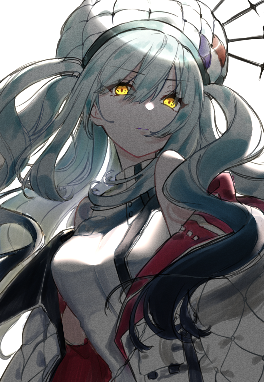 shidare yanagi, marie antoinette (fate), marie antoinette alter (fate), marie antoinette alter (first ascension) (fate), fate/grand order, fate (series), commentary, highres, 1girl, closed mouth, dress, expressionless, hair between eyes, hat, jacket, long hair, looking at viewer, shadow, solo, twintails, white background, white dress, white hair, white hat, white jacket, yellow eyes